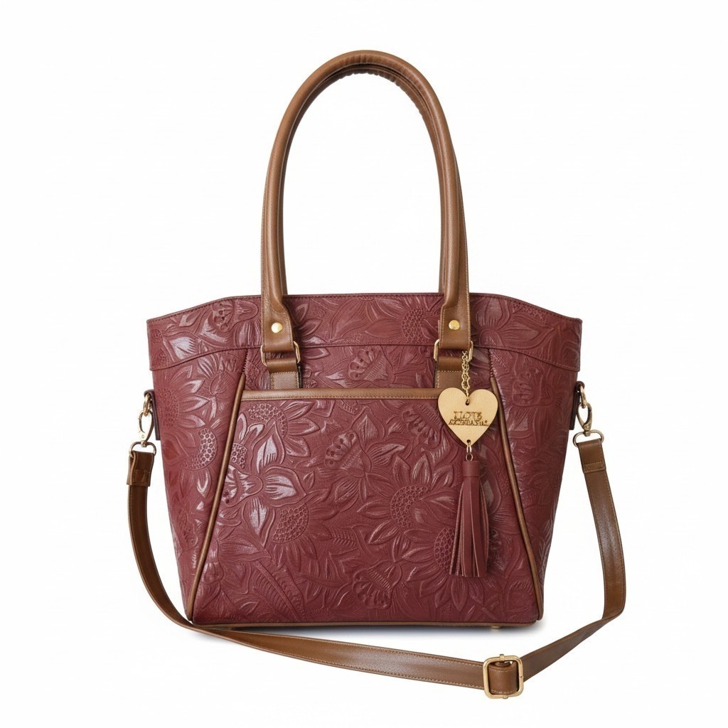 Sunflower Red Wine Brown Embossed Tooled Artisan Mexican LEATHER Purse Handbag