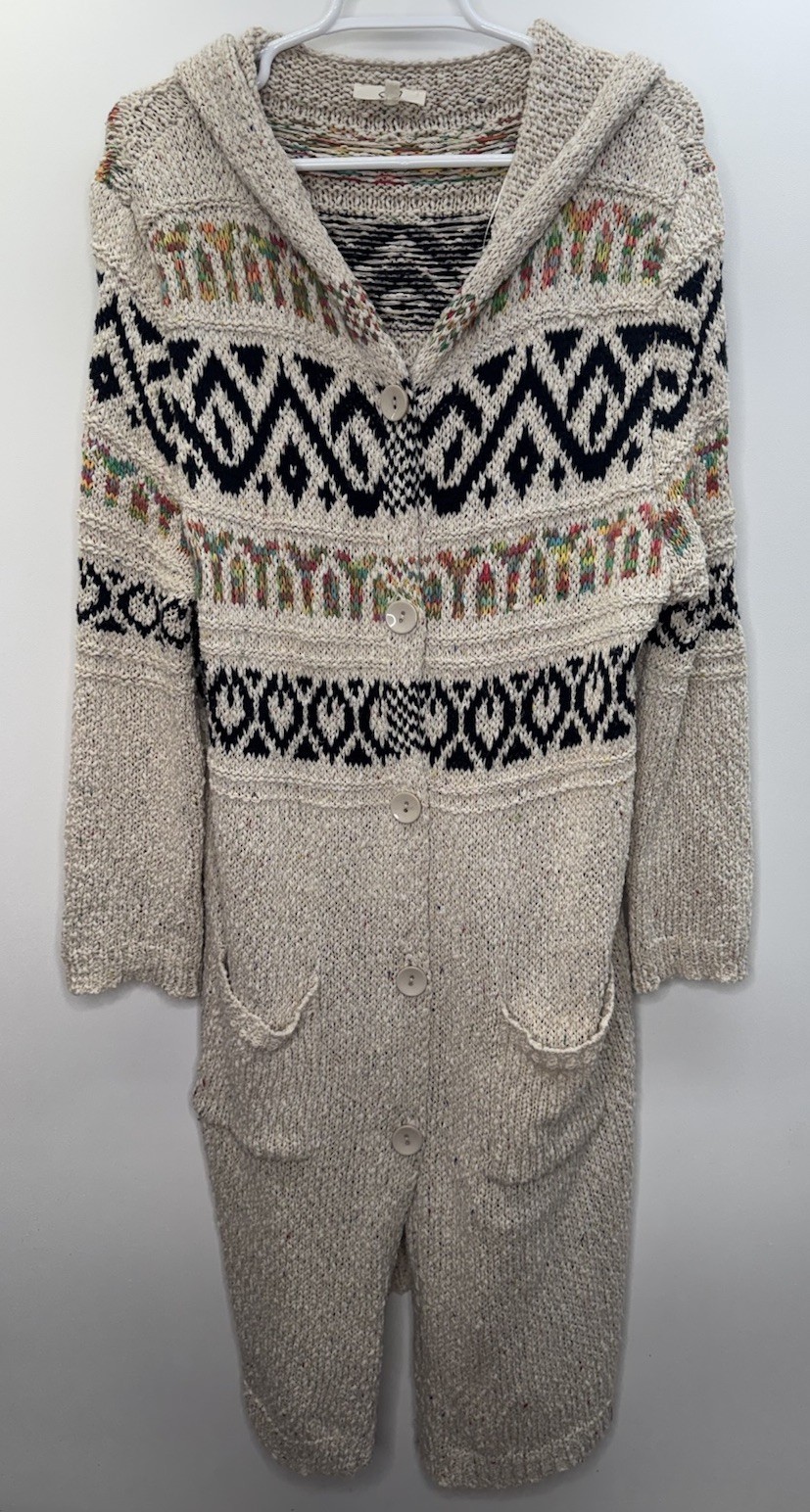 Easel Long Aztec Chunky Cardigan Button Up Hooded Bright Colorful Outdoor S/M