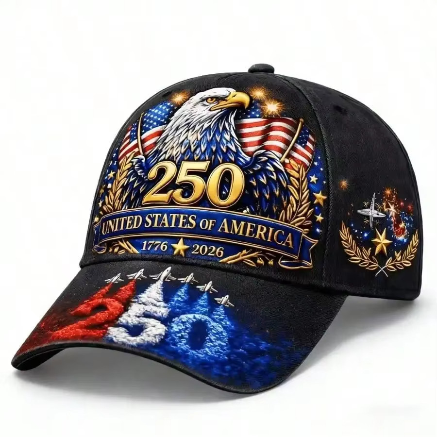 250th Anniversary American Baseball Cap, 1776-2026 Flag Golden Eagle Jet Plane D