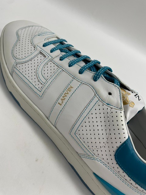 Lanvin Clay Low White Blue Perforated Leather Sneaker EU49 US16 UK15 $1000