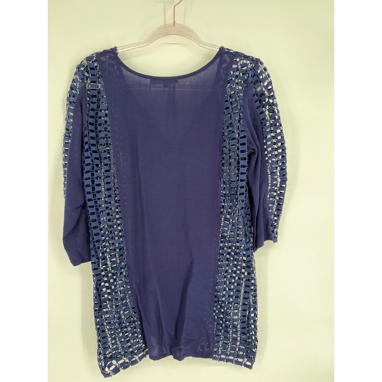 Solitaire Swim Cover Up Tunic Dress Crochet Trim V Neck Navy Blue Size M