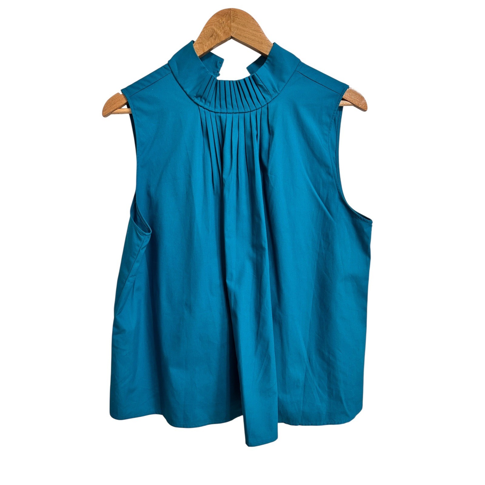 Banana Republic Teal Cotton Poplin Pleated Mock Neck Sleeveless Blouse size M