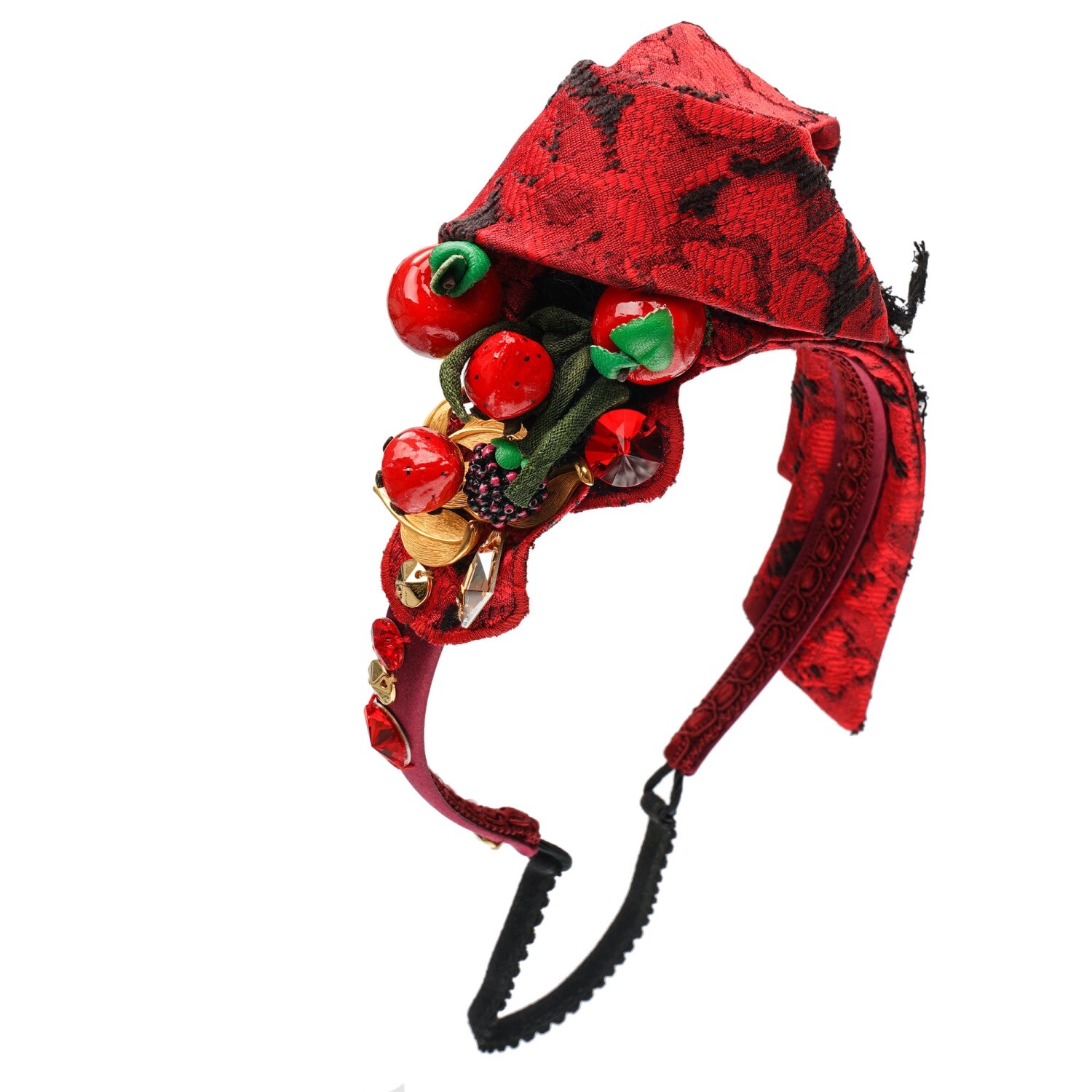 DOLCE & GABBANA Crystal Berry Jacquard Hairband Headband Tiara Red Black