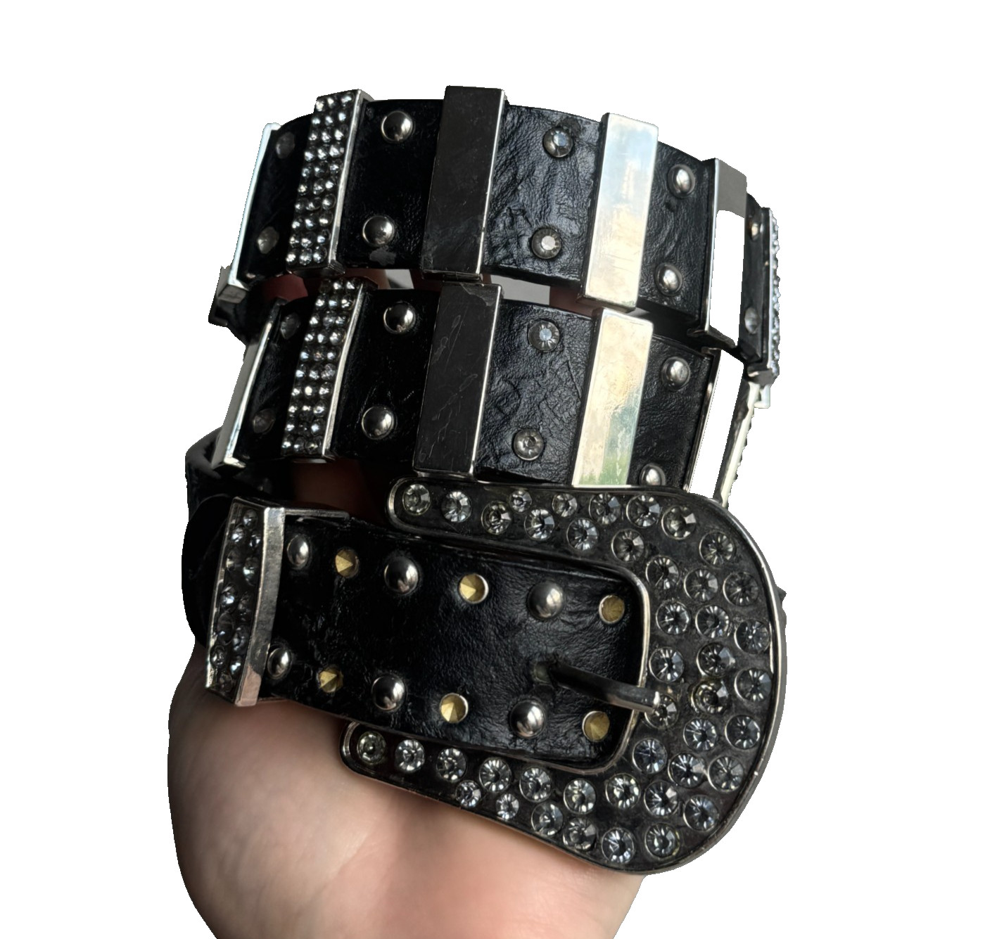 Y2K Black Studded Rhinestone Leather Belt Punk Goth Rockstar Heavy Hardware
