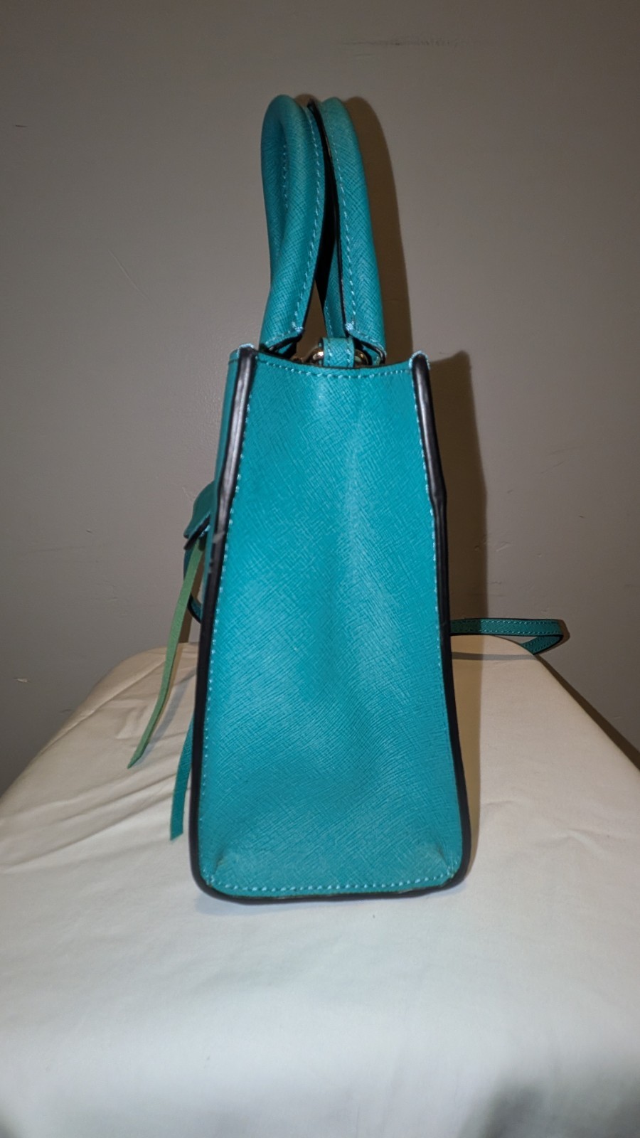 Rebecca Minkoff Mini MAB tote bag teal saffiano leather and gold-tone hardware.