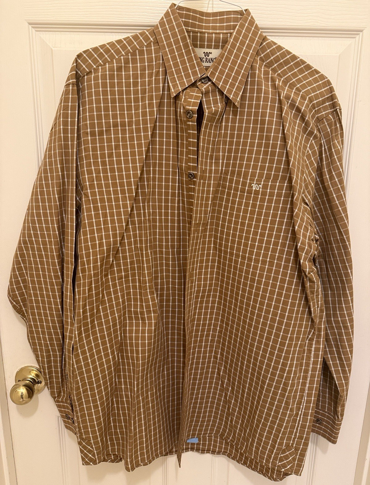 King Ranch Men’s Brown/White Plaid Long Sleeve Woven Button-Up Embroidered Logo