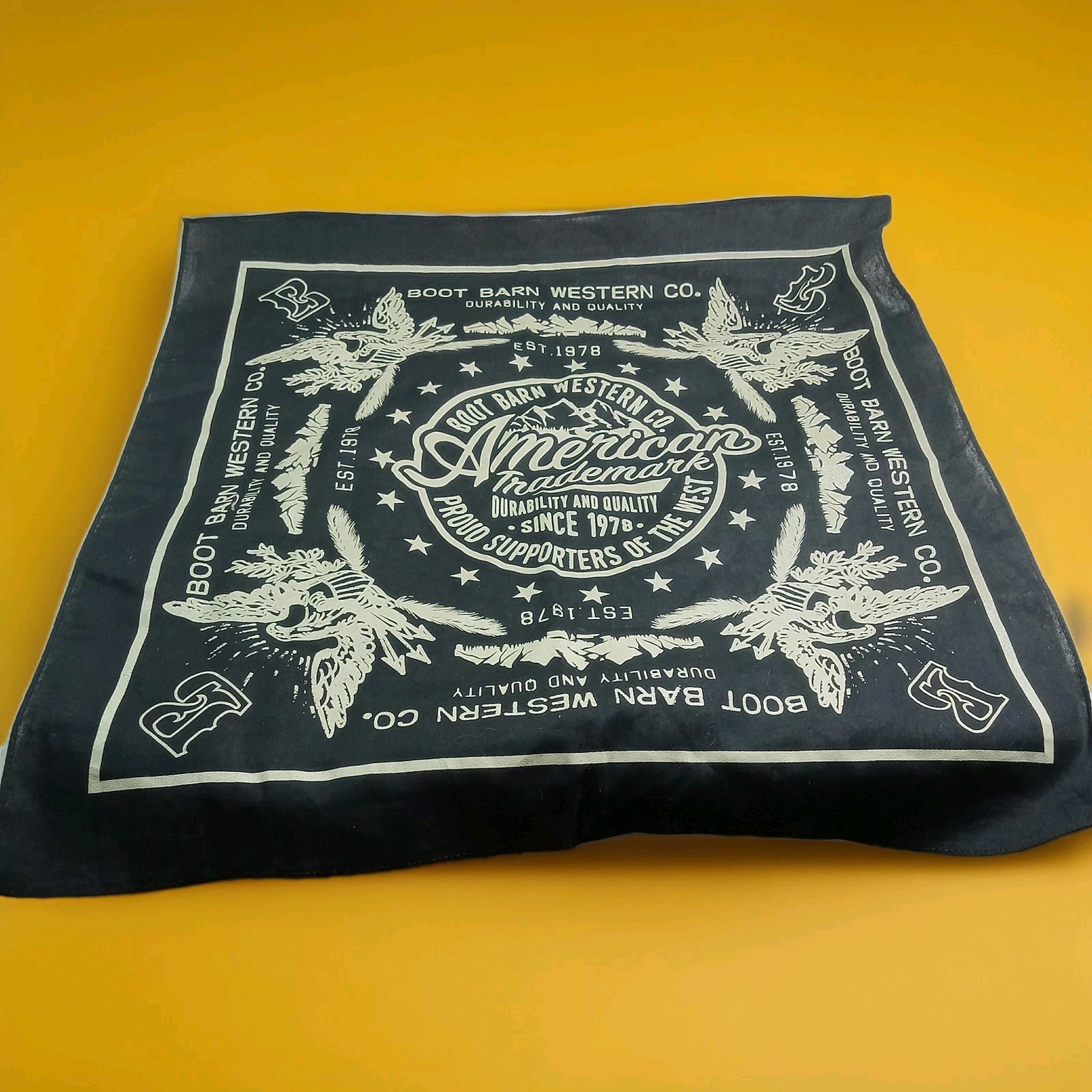 Boot Barn Western Co Bandana Black& Gold Eagle American Trademark Graphic 21″sq.