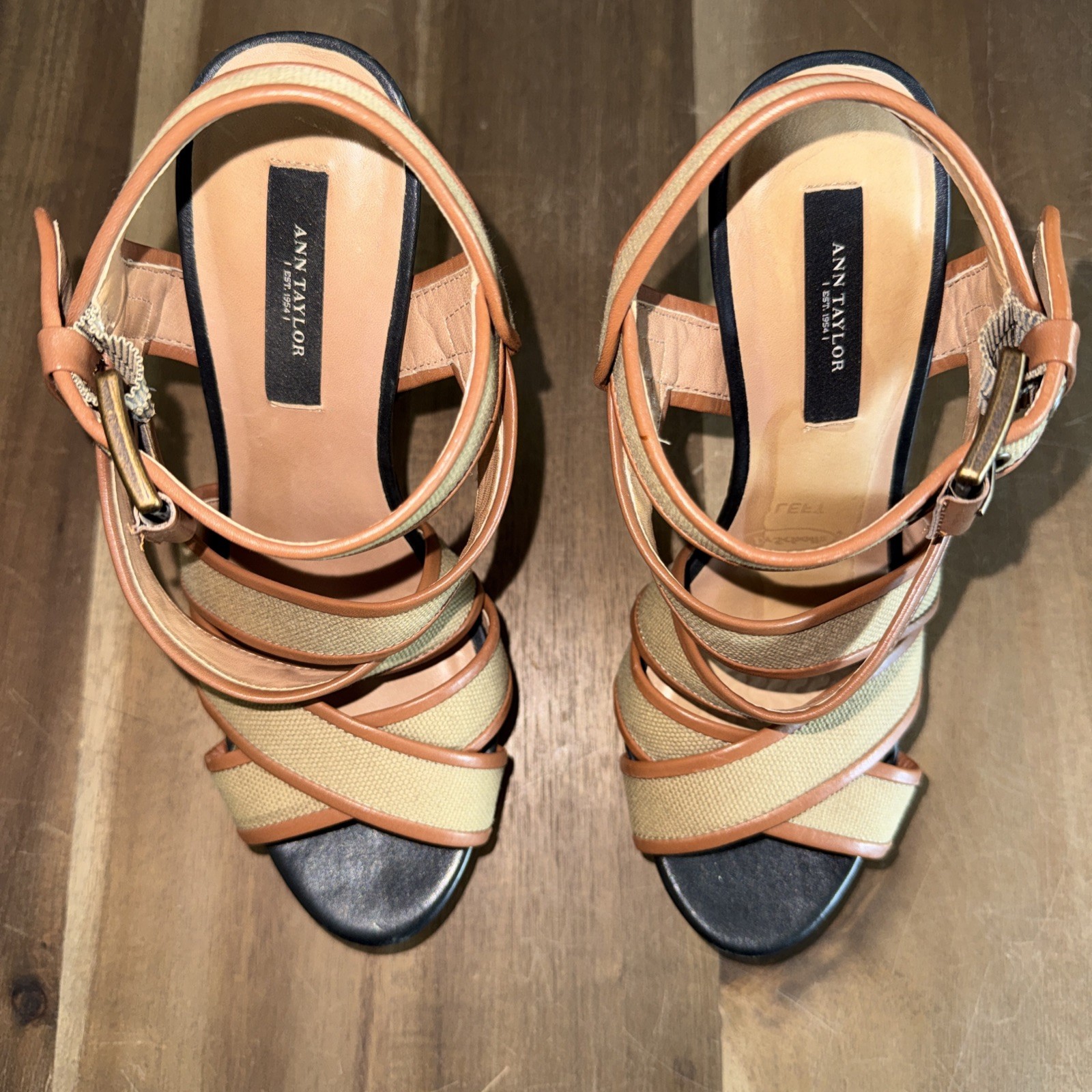 Ann Taylor Strappy Platform High Heel Sandals 7M Tan Safari Canvas Cone 5″ Heel
