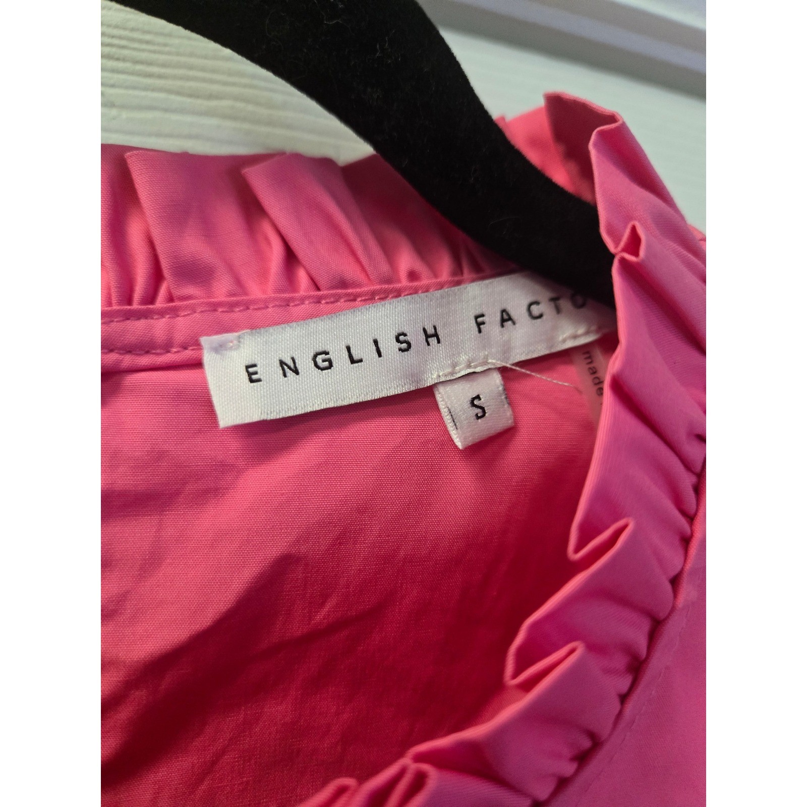 English Factory Hot Pink Ruffle Smocked Cap Sleeve Cotton Poplin Top S Barbiecor