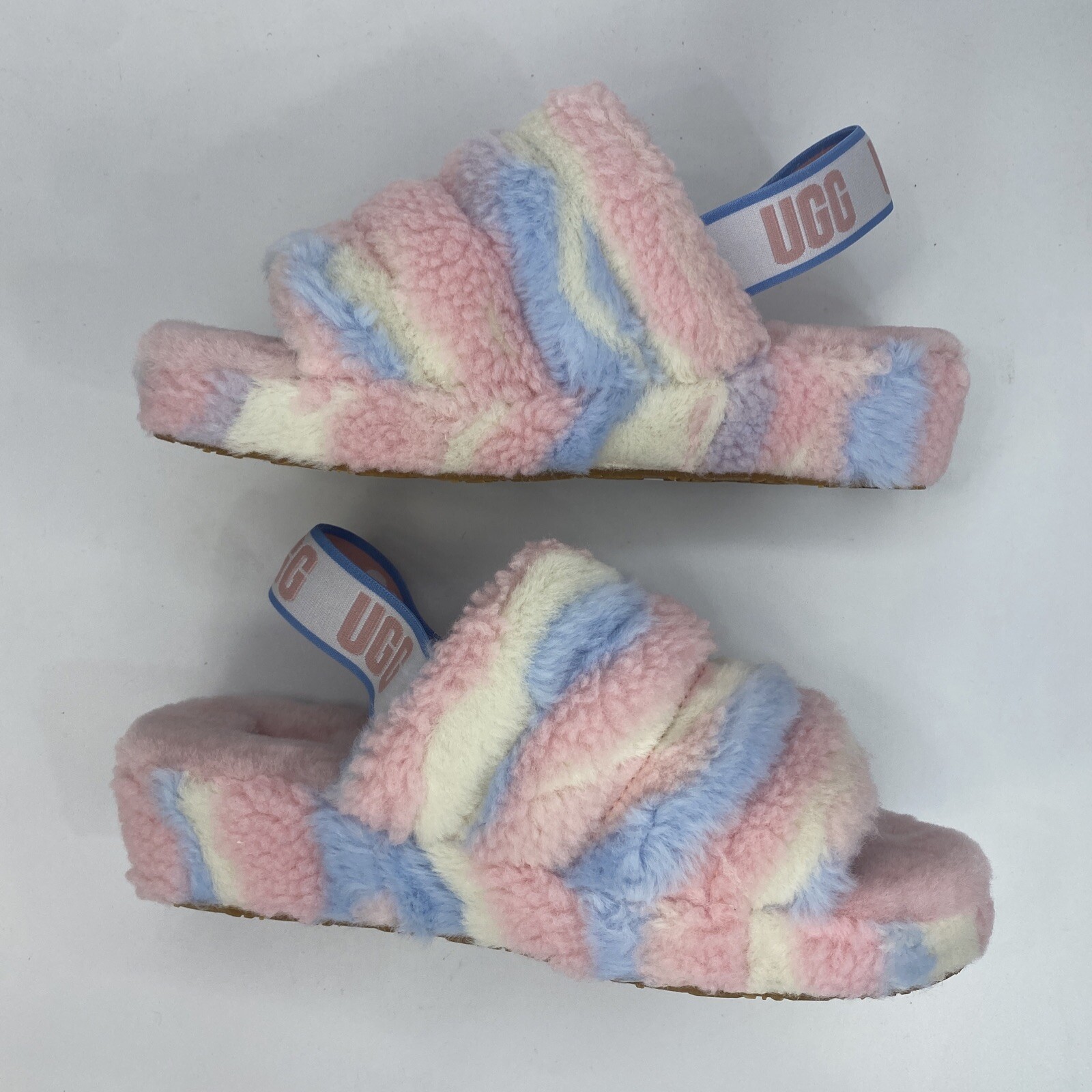 UGG W FLUFF YEAH SLIDE Slipper Cali Collage Women’s 9 Pink Blue White Stripe