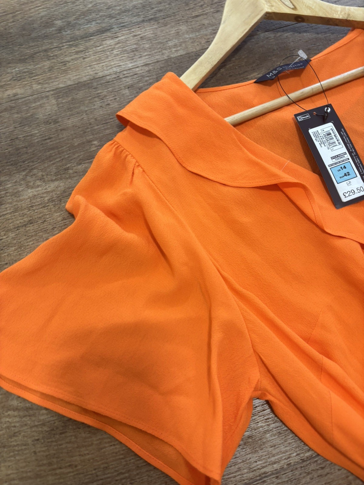 M&S Orange Frill V-Neck – Mock Wrap Blouse With Angel Sleeve Size 14 RRP: £29.50