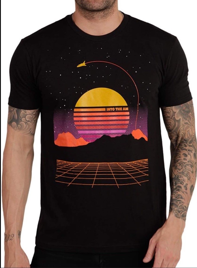 Into The AM Graphic Black T shirt Space Starship Sun Mens Size L NWT