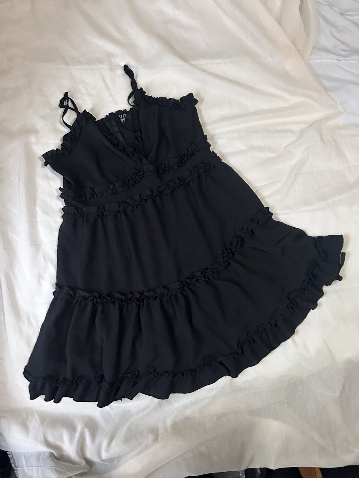 Iris Tiered Ruffle Black Spaghetti Strap Formal VTG Dress Size Large EUC Y2K