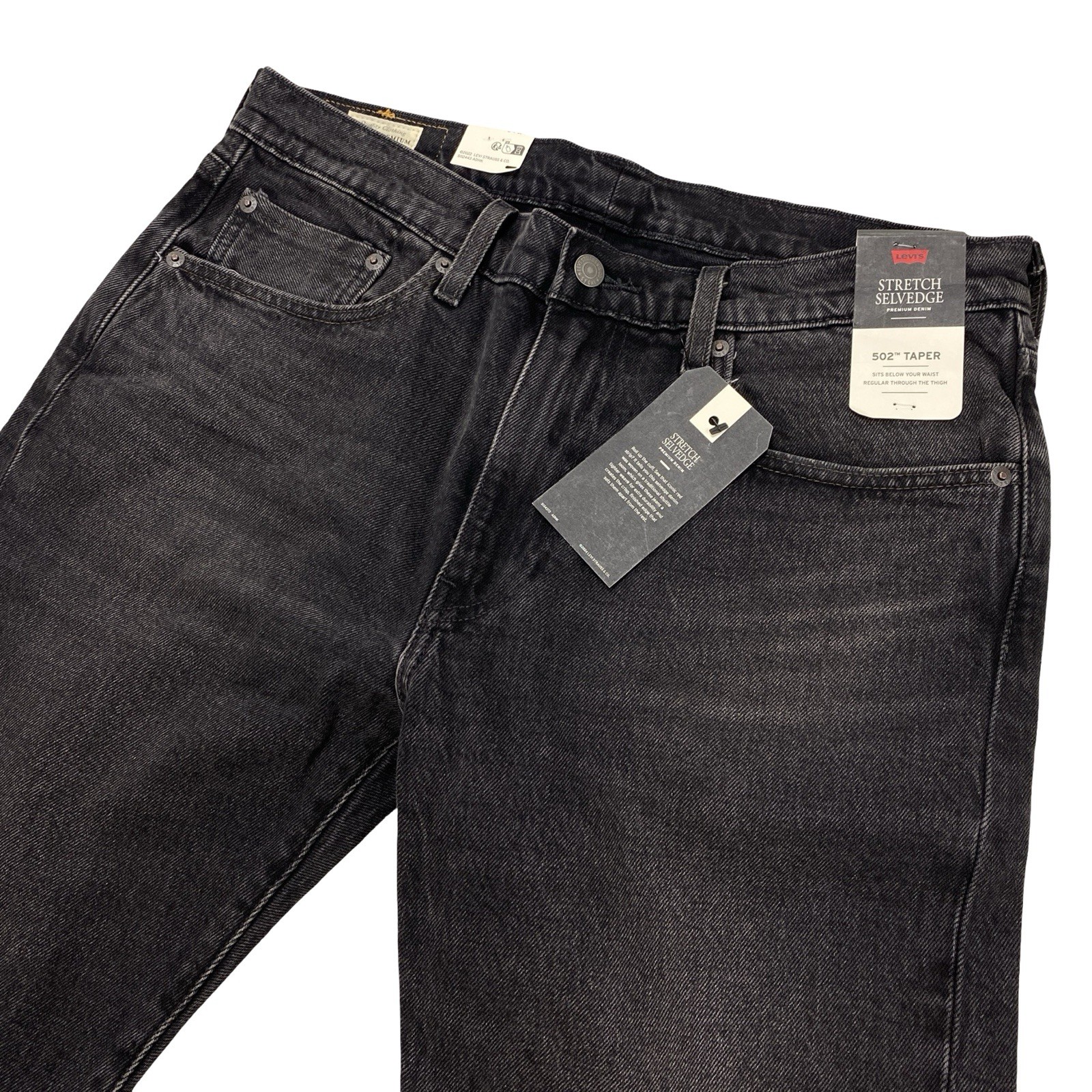 Levi’s Premium 502 Taper Men’s Stretch Selvedge Jeans Size 34 x 30 Black Wash