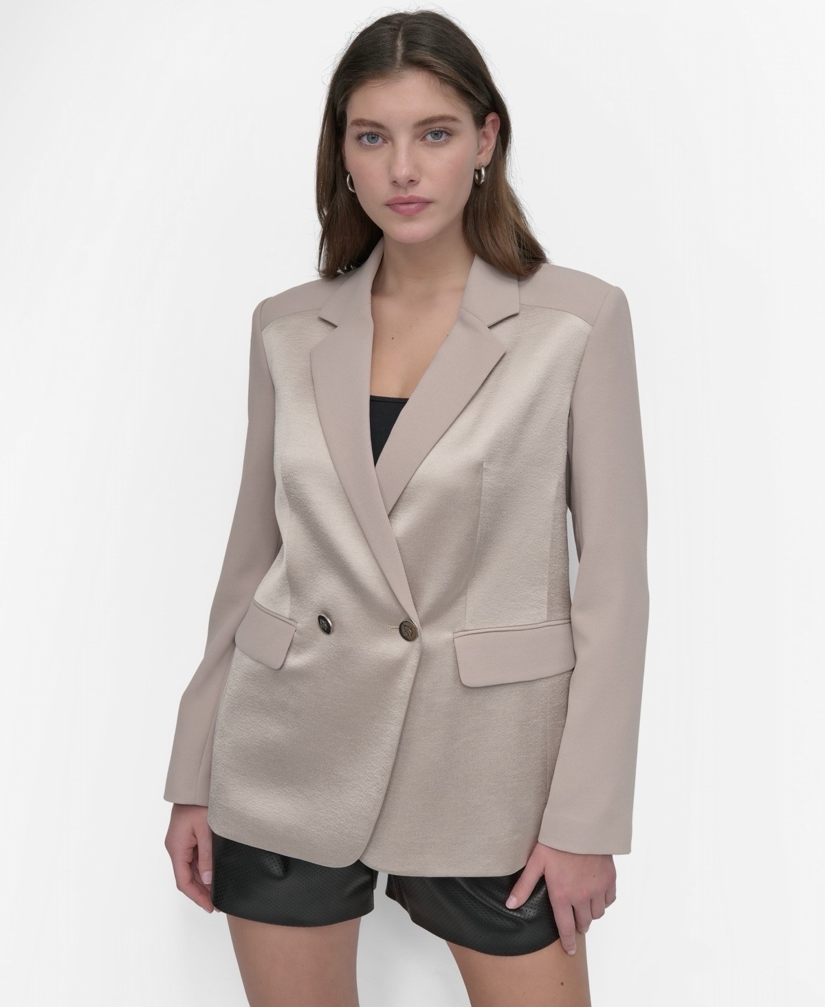 $179 Long-Sleeve Open-Back Jacket Women’s M Pebble Solid Collared Flap Pockets