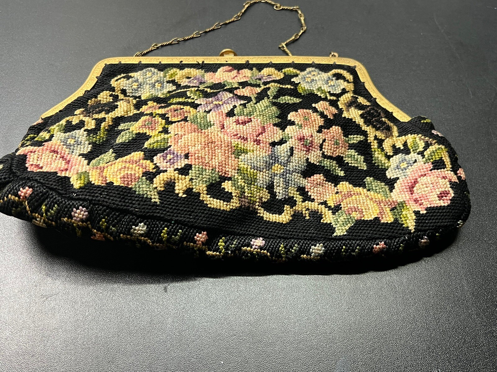 Antique Fine Petit Point Tapestry Bag/Purse with Delicately Detailed Frame