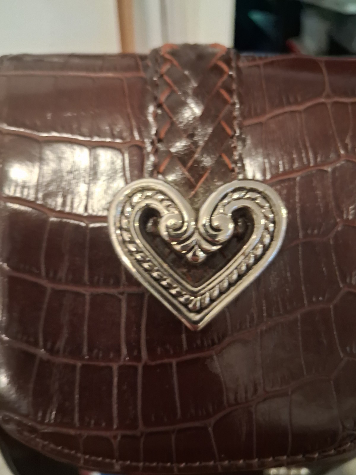 Brighton Black & Brown Croc Embossed Tote Shoulder Bag Heart Accents silk lined