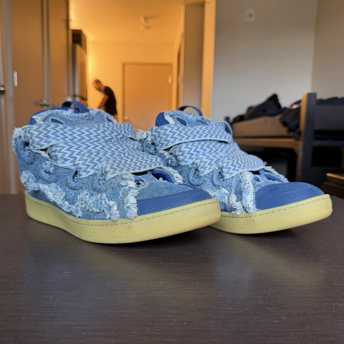 Lanvin Curb Men’s US 12 Blue Denim Herringbone Fringe Low Top Lace-Up