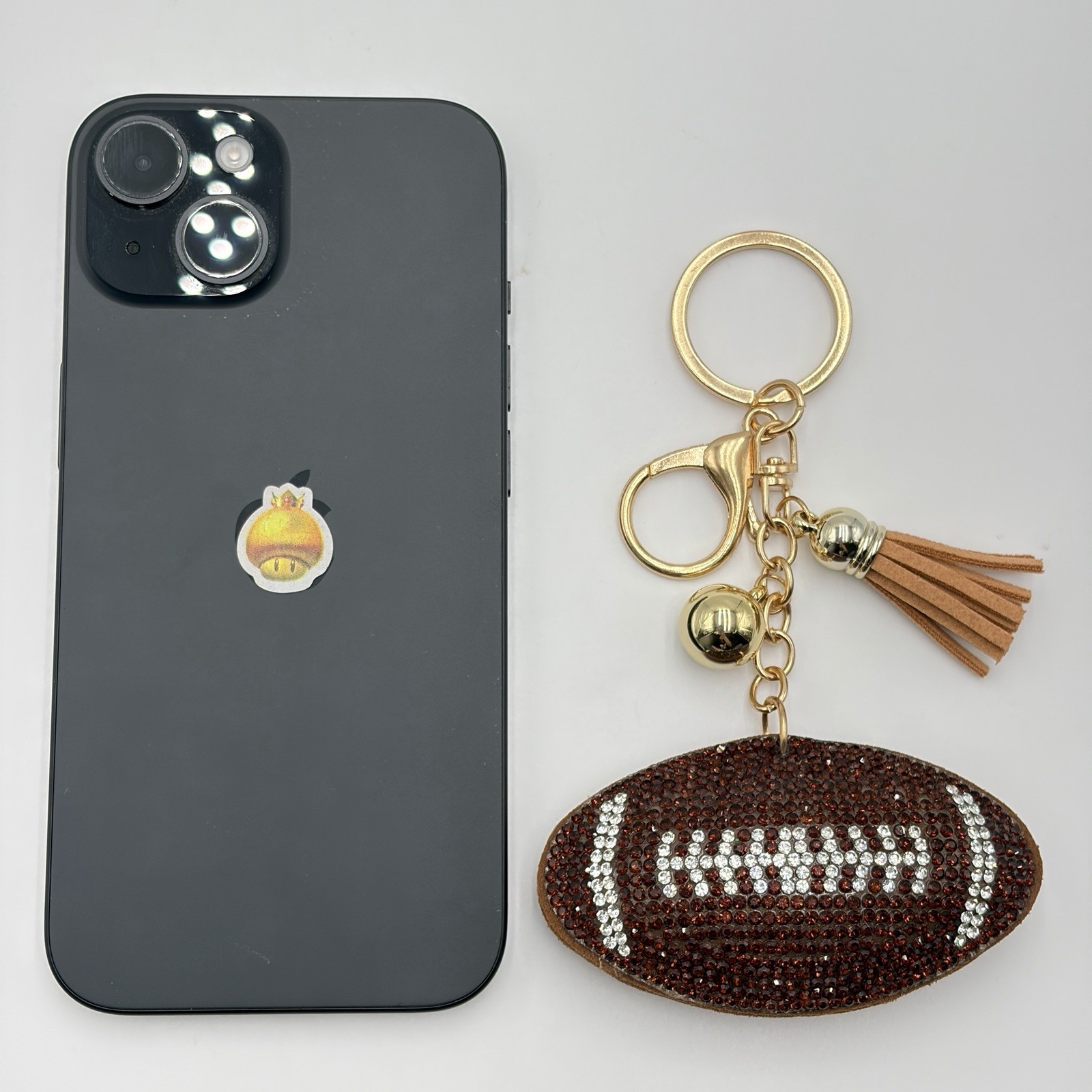 Football Rhinestone Bag Charm Keychain Sports Fan Tassel Brown Gift