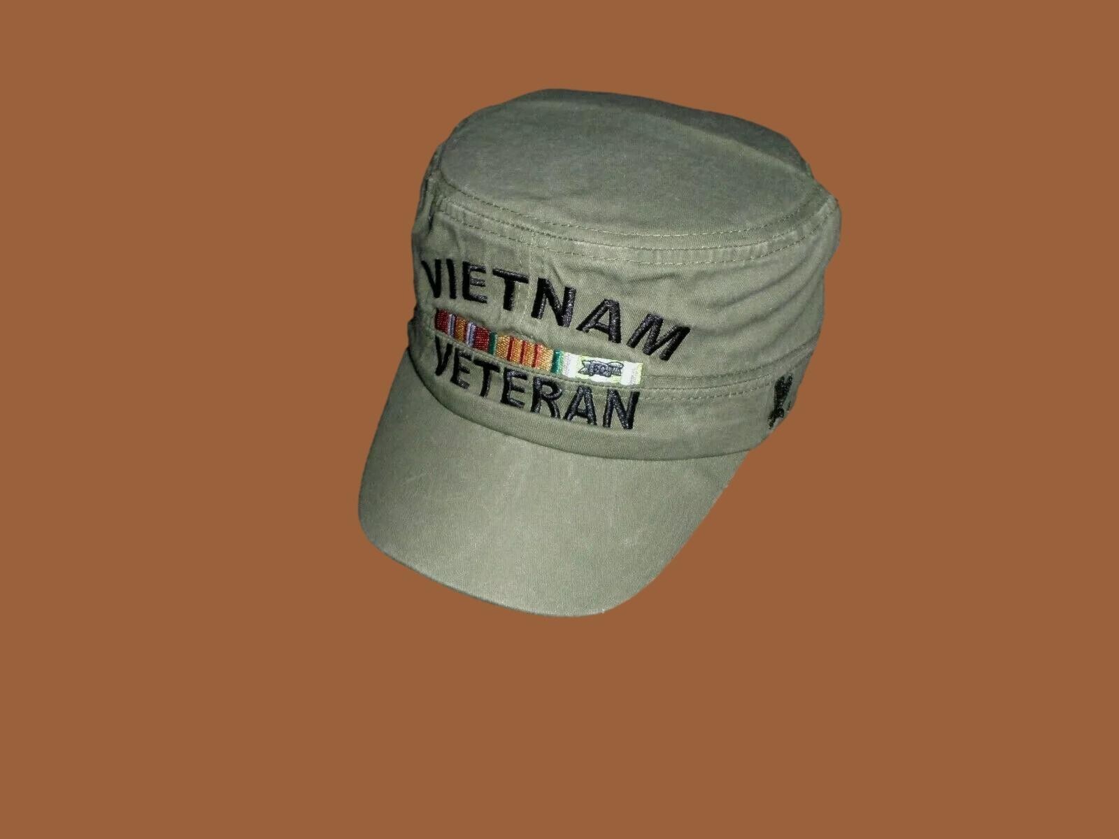 U.S MILITARY VIETNAM VETERAN HAT FLAT TOP OD GREEN BALL CAP VIETNAM RIBBONS