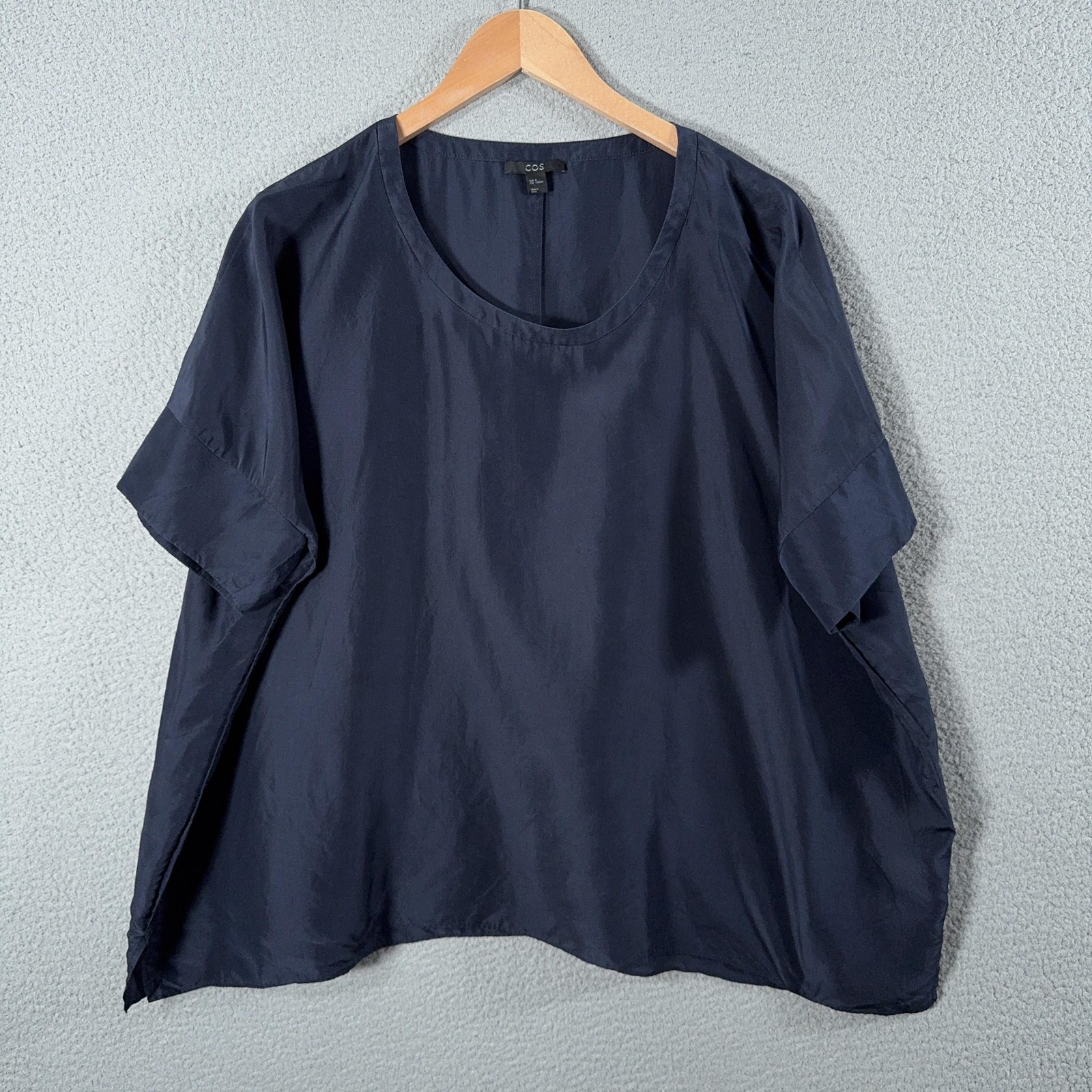 COS Silk Top Blouse Womens Medium Blue Scoop Neck Short Sleeve Tunic Lightweight