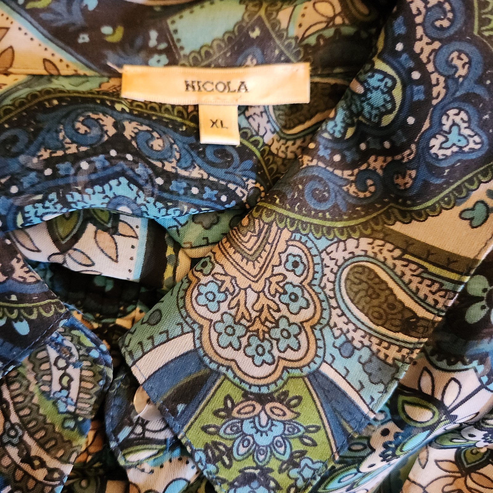 Nicola Sheer Button Up Blouse w/ Ruched Tank Top Blue Paisley Womens Size XL