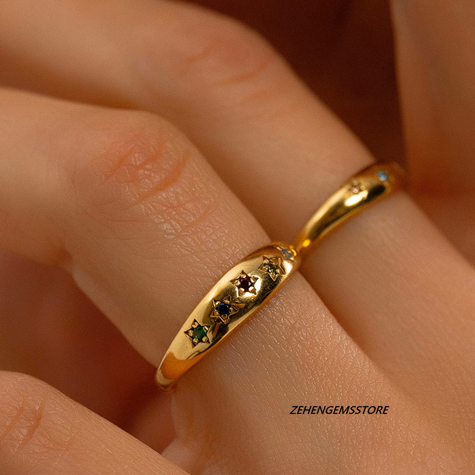 Lab Created Rainbow Gemstone Star Ring Gold Plated Sterling Silver Band