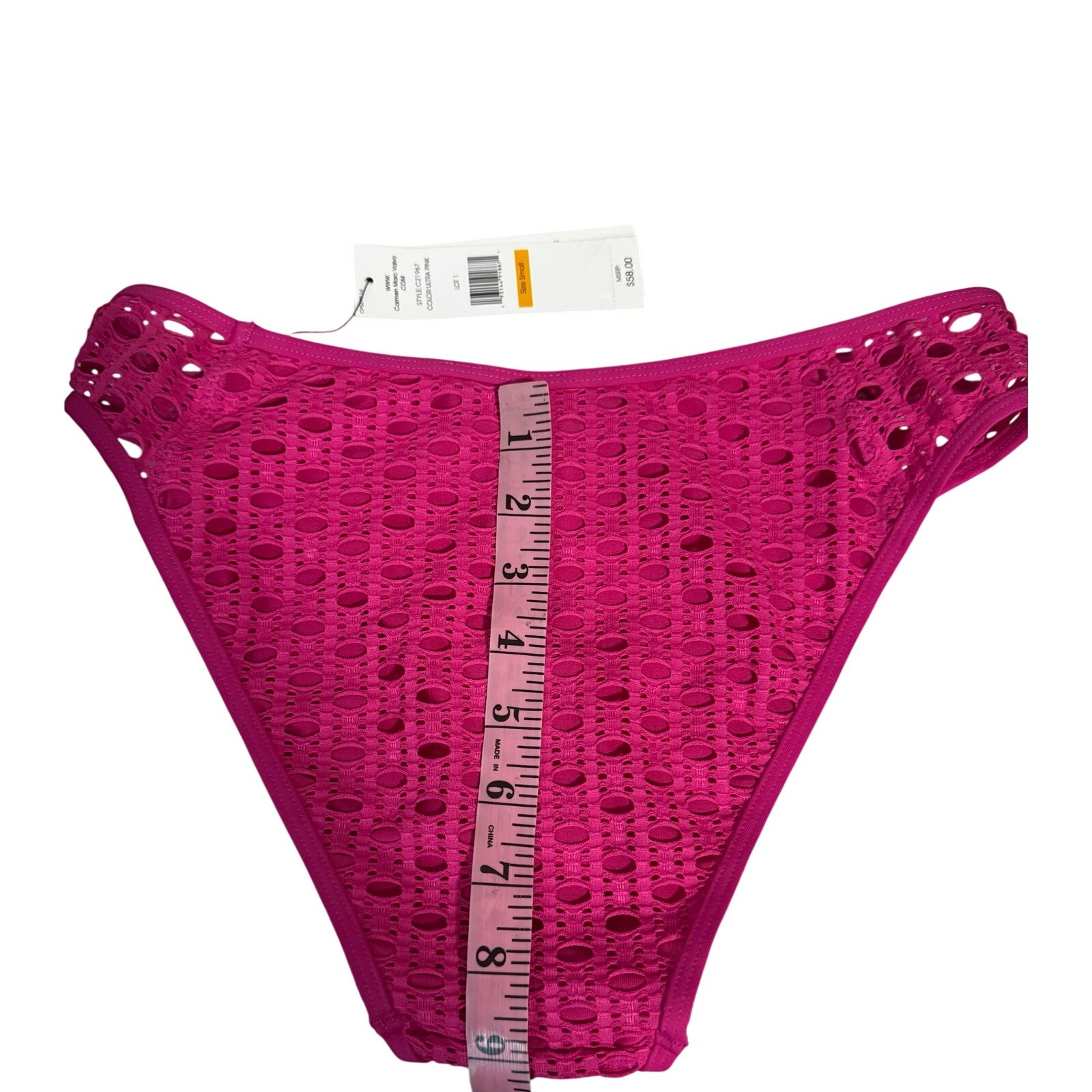 Carmen Mare Valvo Ultra Pink bikini bottom intricate crochet detail side peek