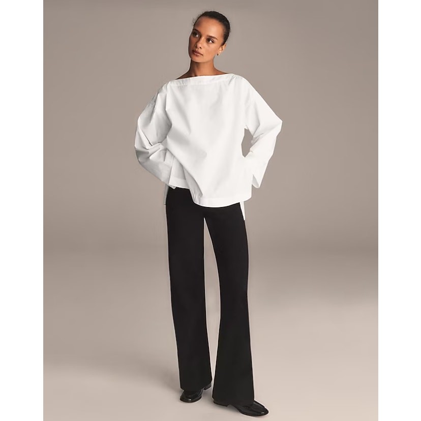 J.Crew Ciel Top Womens S White Poplin Boatneck Side Button Waist Tie Long Sleeve