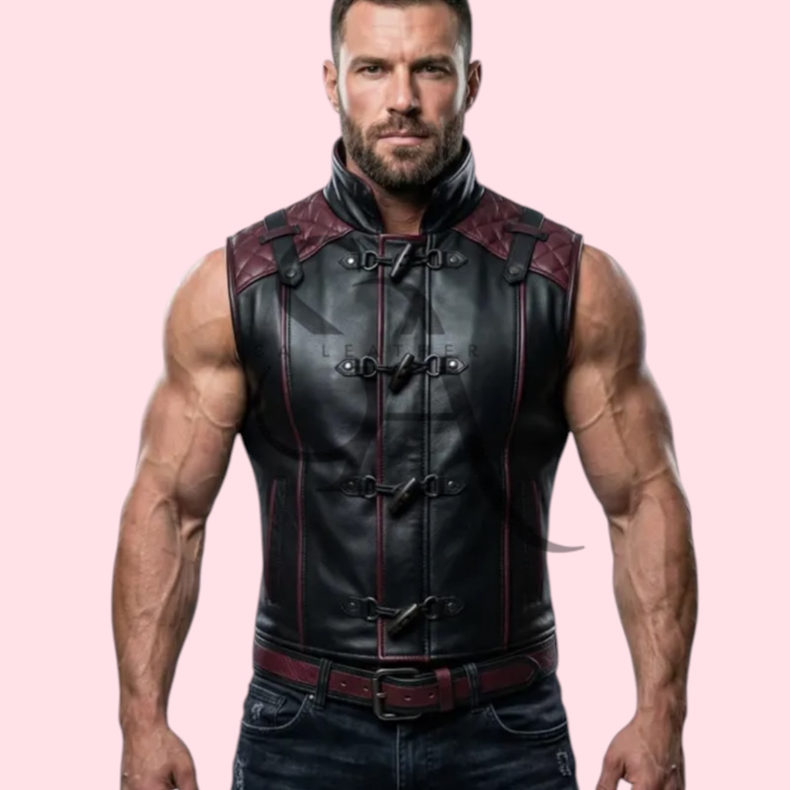 Men’s Genuine Lambskin Leather Vest Sleeveless Biker Waistcoat Belted Black