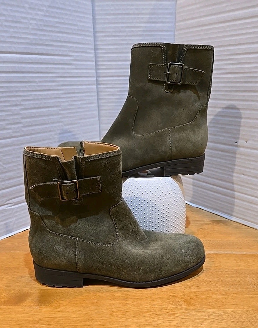 Vionic Jill Olive Suede Moto Boot Wide Width Ladies 10W NWT City Preppy