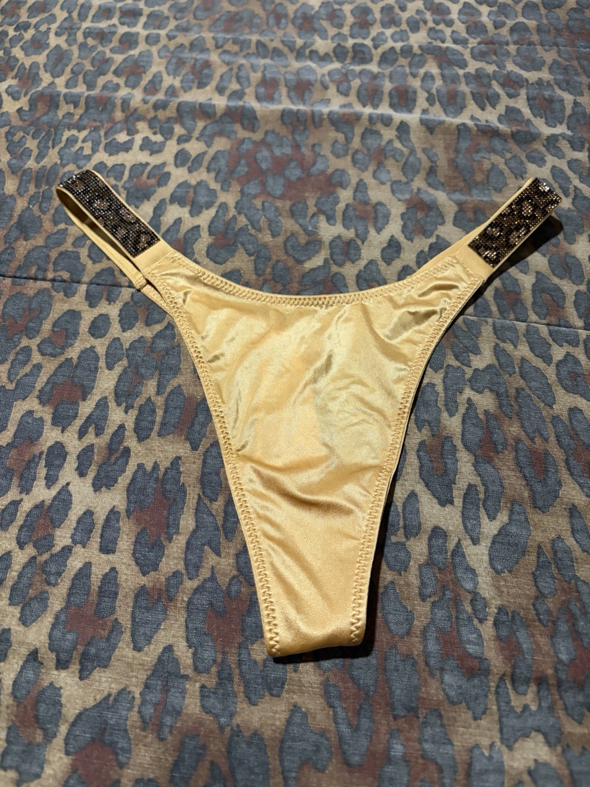 Victoria’s Secret Gold Satin Leopard Shine Rhinestone Strap Thong NWT S/M/XL