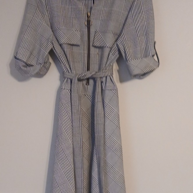 Shelby & Palmer Plaid A-Line Belted Zip Front Dress 3/4 Sleeve Sz 6