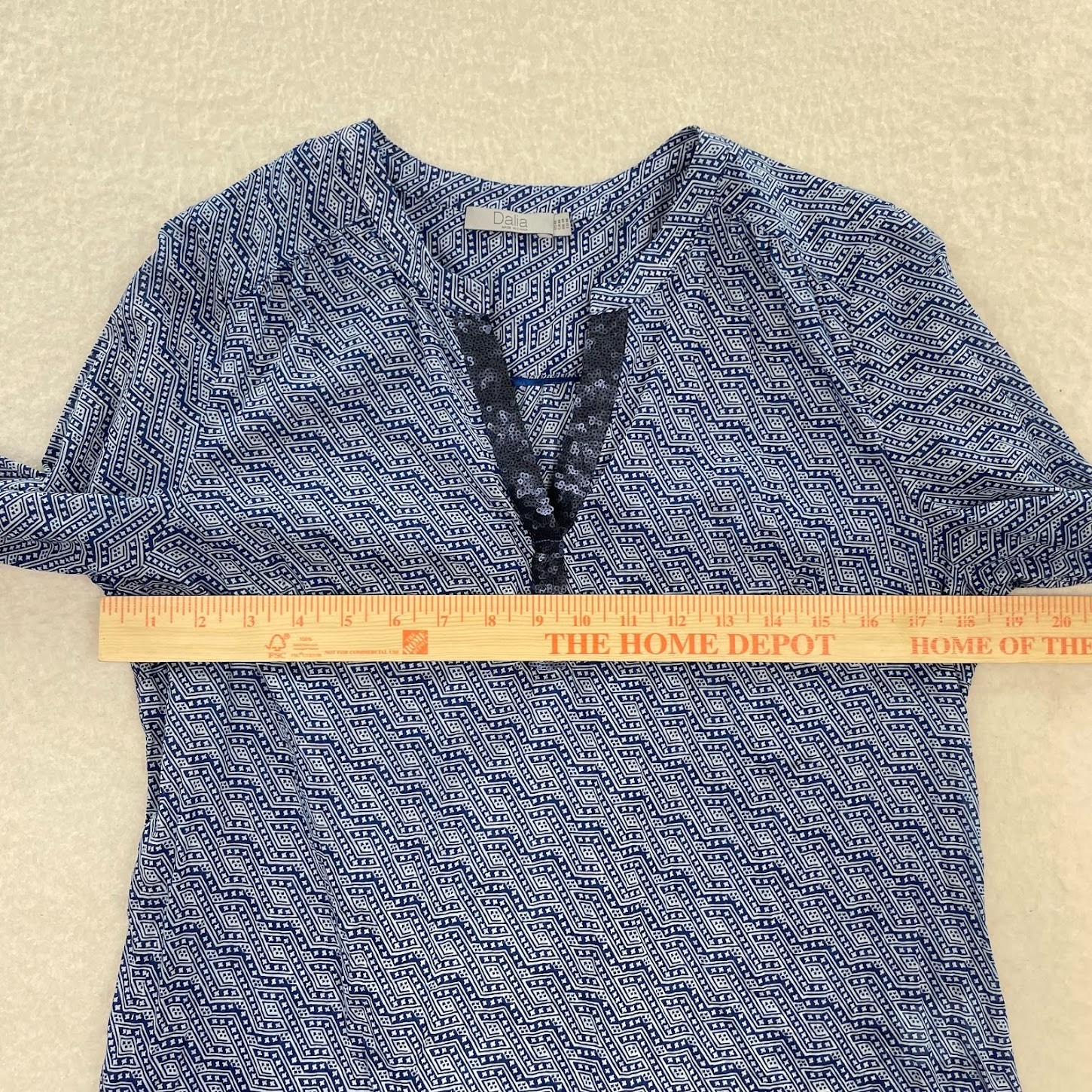 Dalia Blue & White Print Boho Cotton Tunic Top Blouse Size Medium
