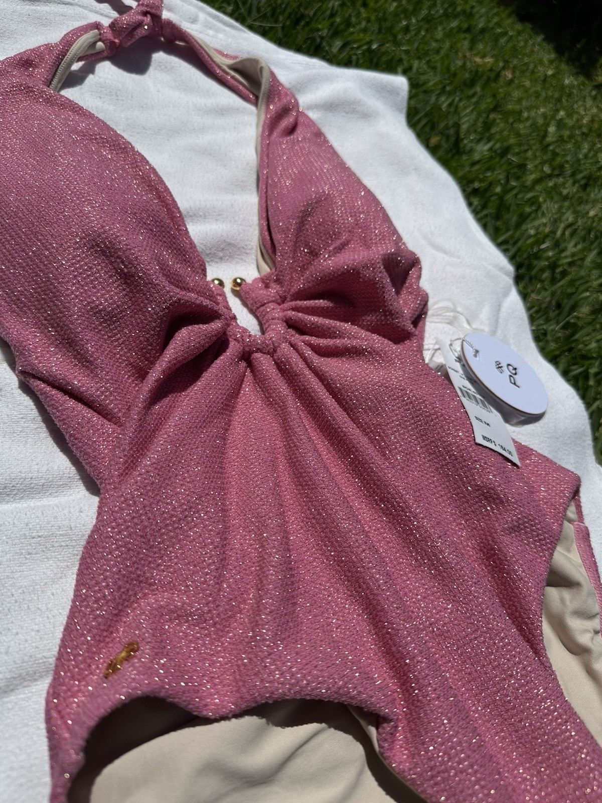 PQ Swim Pink Sparkle Plunge One Piece Swimsuit NWT Medium Luxury