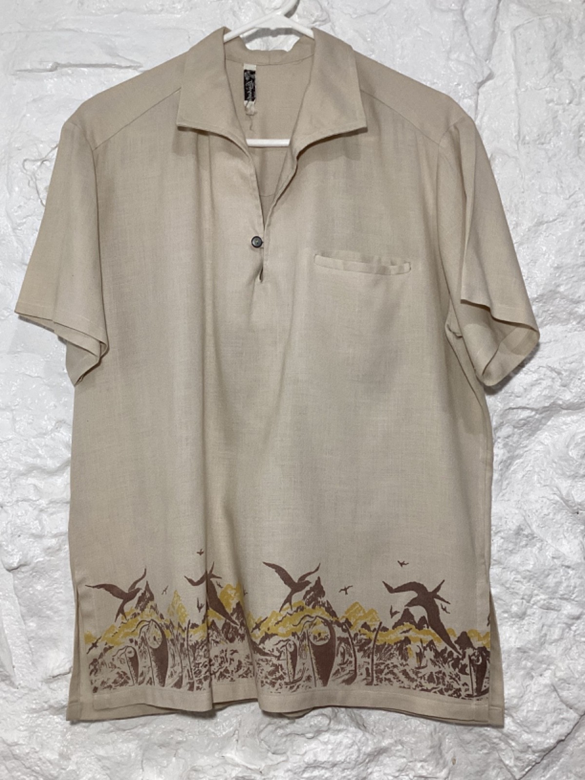Vintage 60s LAUHALA Popover Art Print Brown Hawaiian Aloha Tiki Shirt Size L