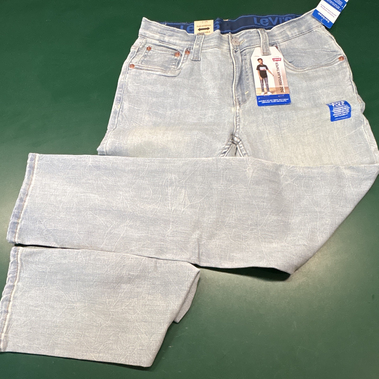Levi’s Boys 502 Regular Taper Stretch Jeans Light Blue 16 REG 28×30 Adj Waist