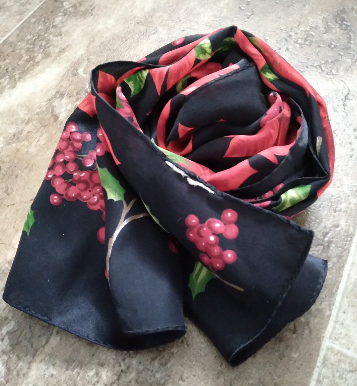 Vintage Floral Print Scarf Poinsettias Holly Berry Black Red 11 x 52