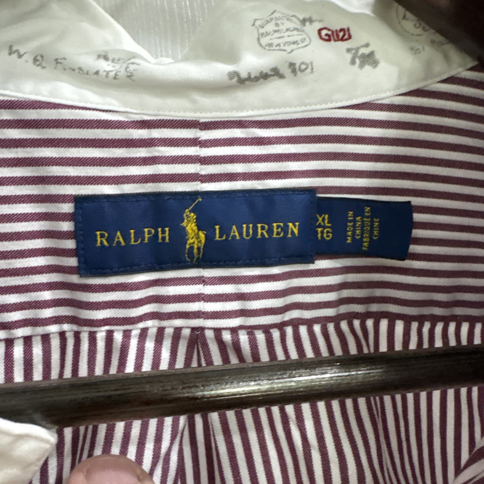 Ralph Lauren Rugby Shirt Men’s XL burgundy Striped White Collar Long Sleeve