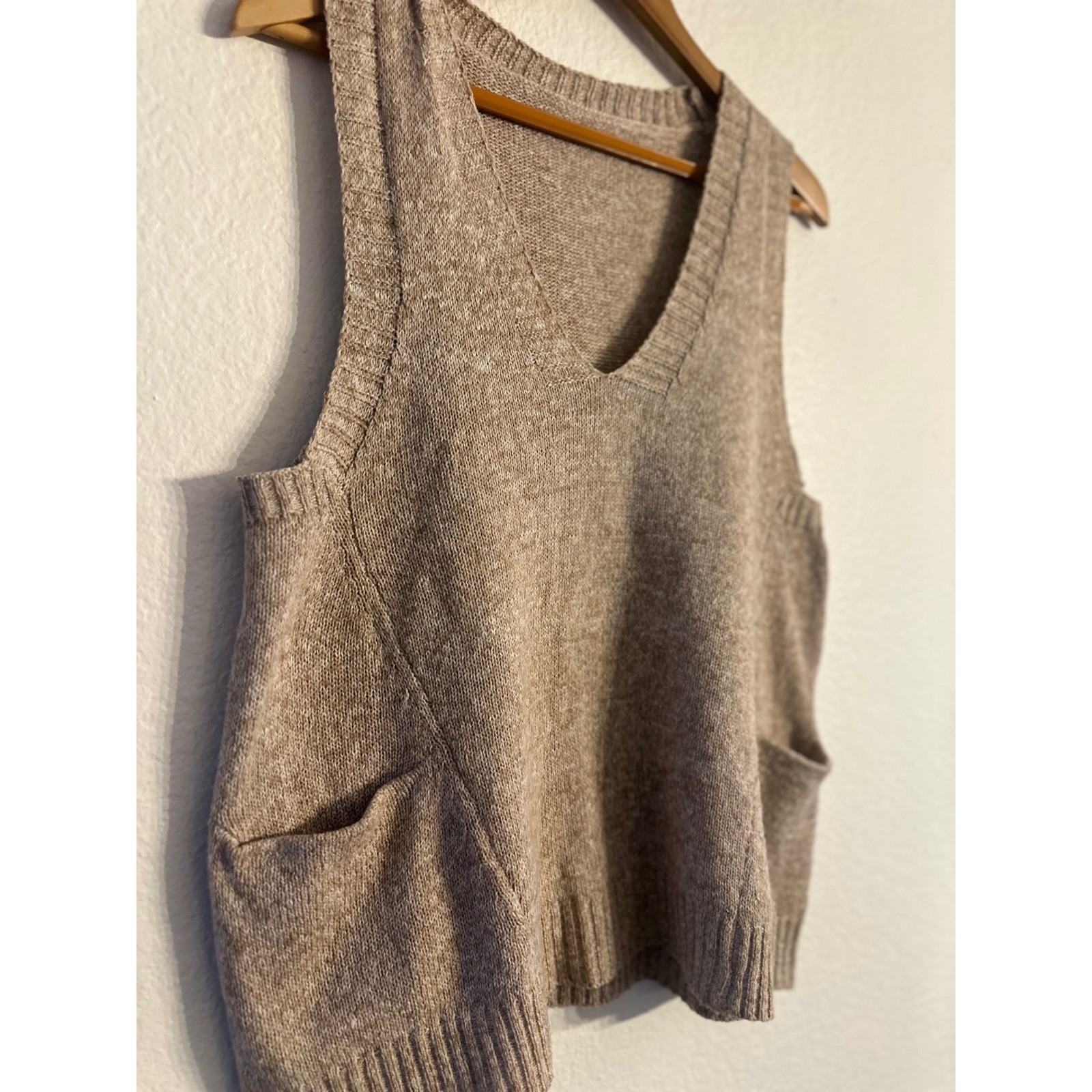 Tan Heathered Knit Sweater Vest with Pockets – V-Neck Boho