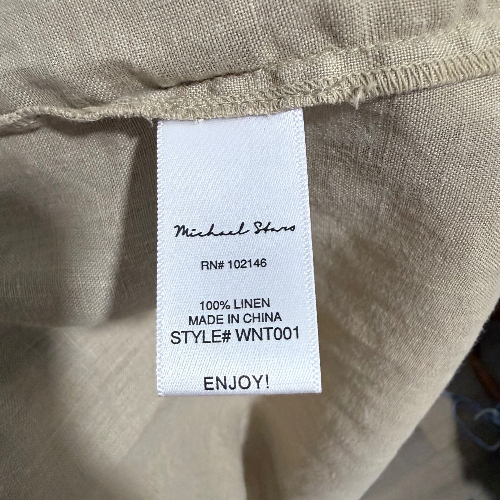 Michael Stars 100% Linen Button Down Shirt Khaki Long Sleeve Roll Tab Collared