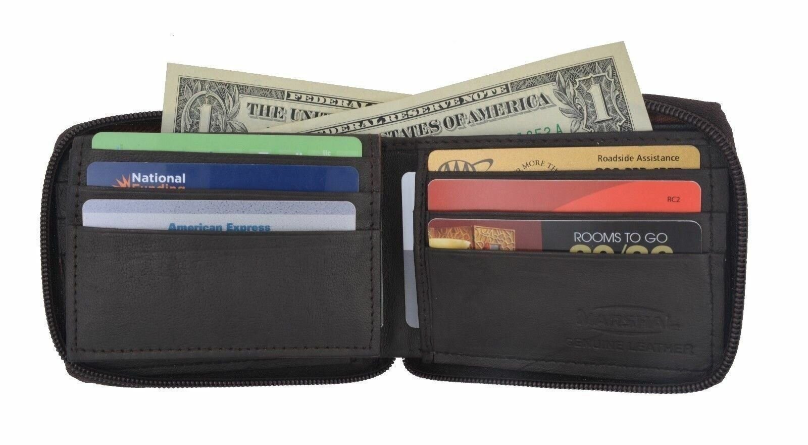 Genuine Leather Men’s Zipper Zip-Around Organizer Bifold Wallet Black Brown Tan!