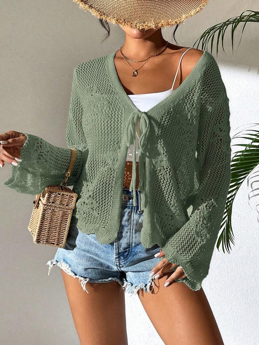 Women’s White Tie Front Cardigan Openwork Crochet Beach Cover Up Sweater