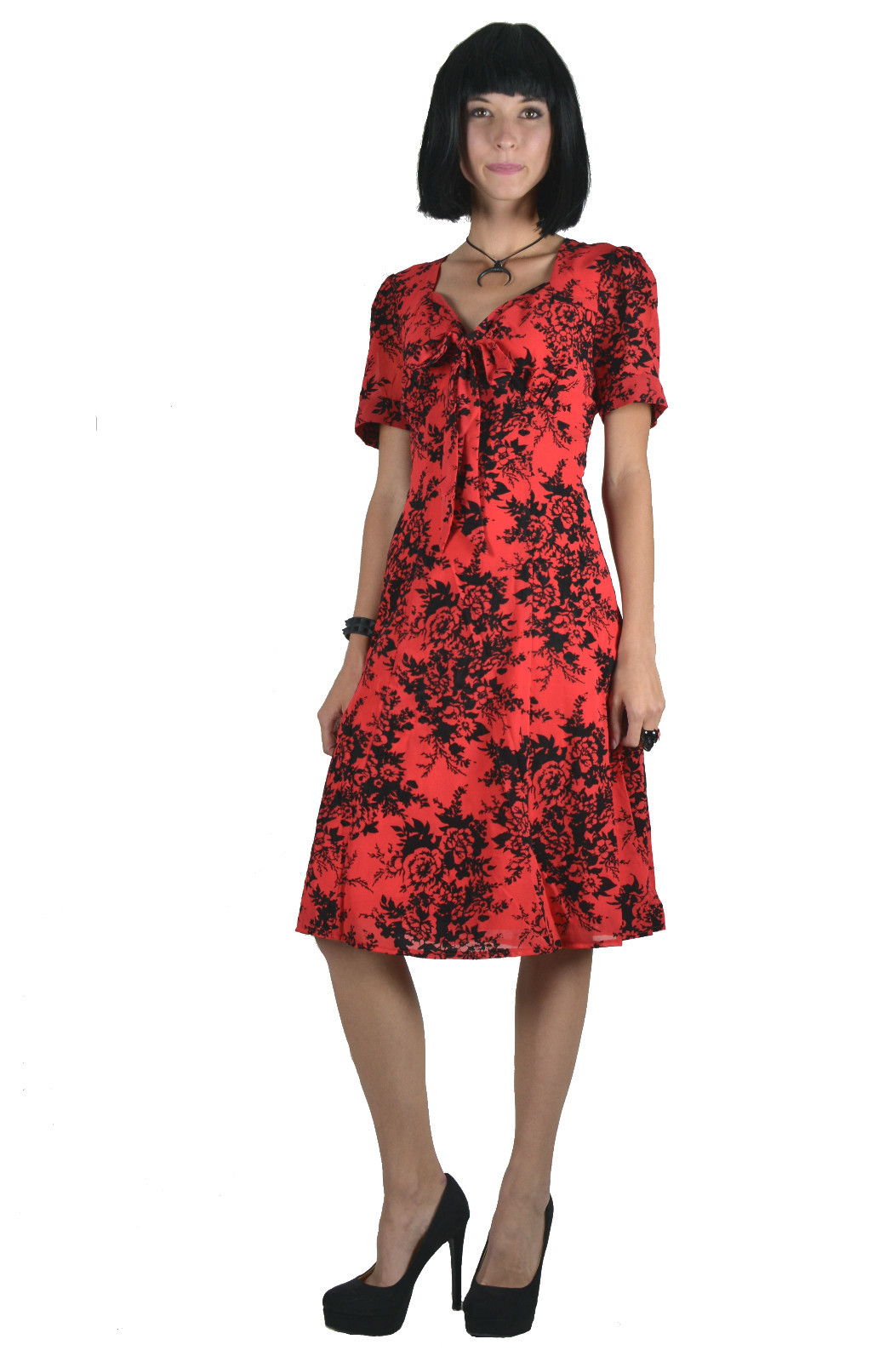 VOODOO VIXEN RETRO PIN UP 50s BRITANNY FLOCKED CHIFFON RED ROSE DRESS DRA8091
