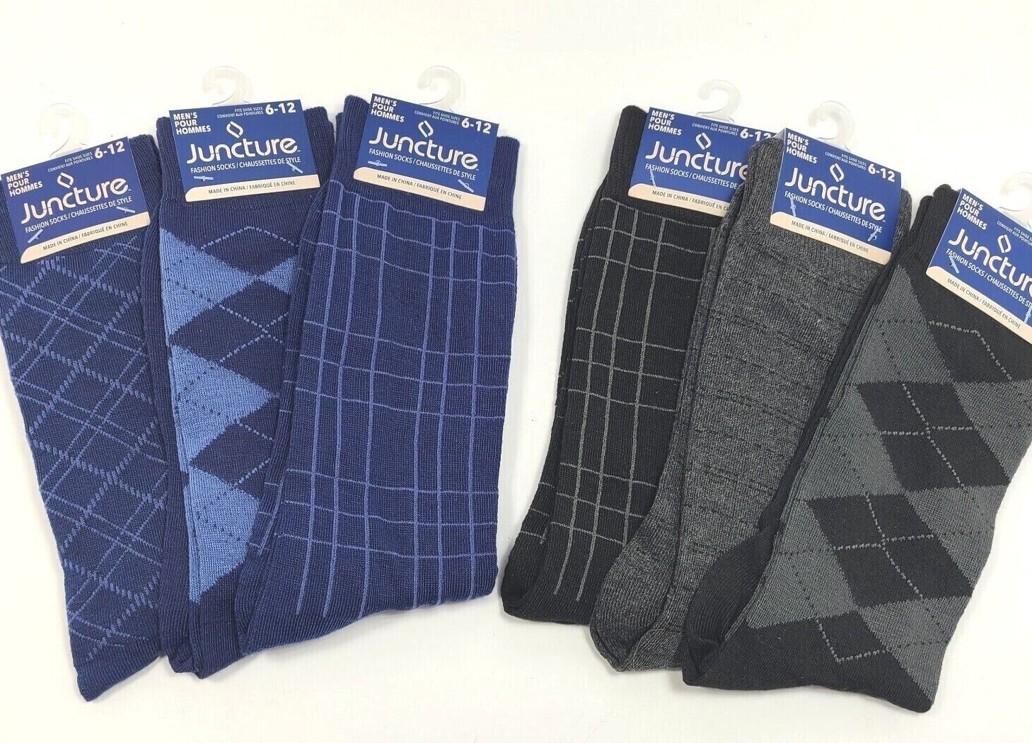 Men’s Fashion Socks Juncture Size 6-12 Lot of 3 Multi Color Black or Blue