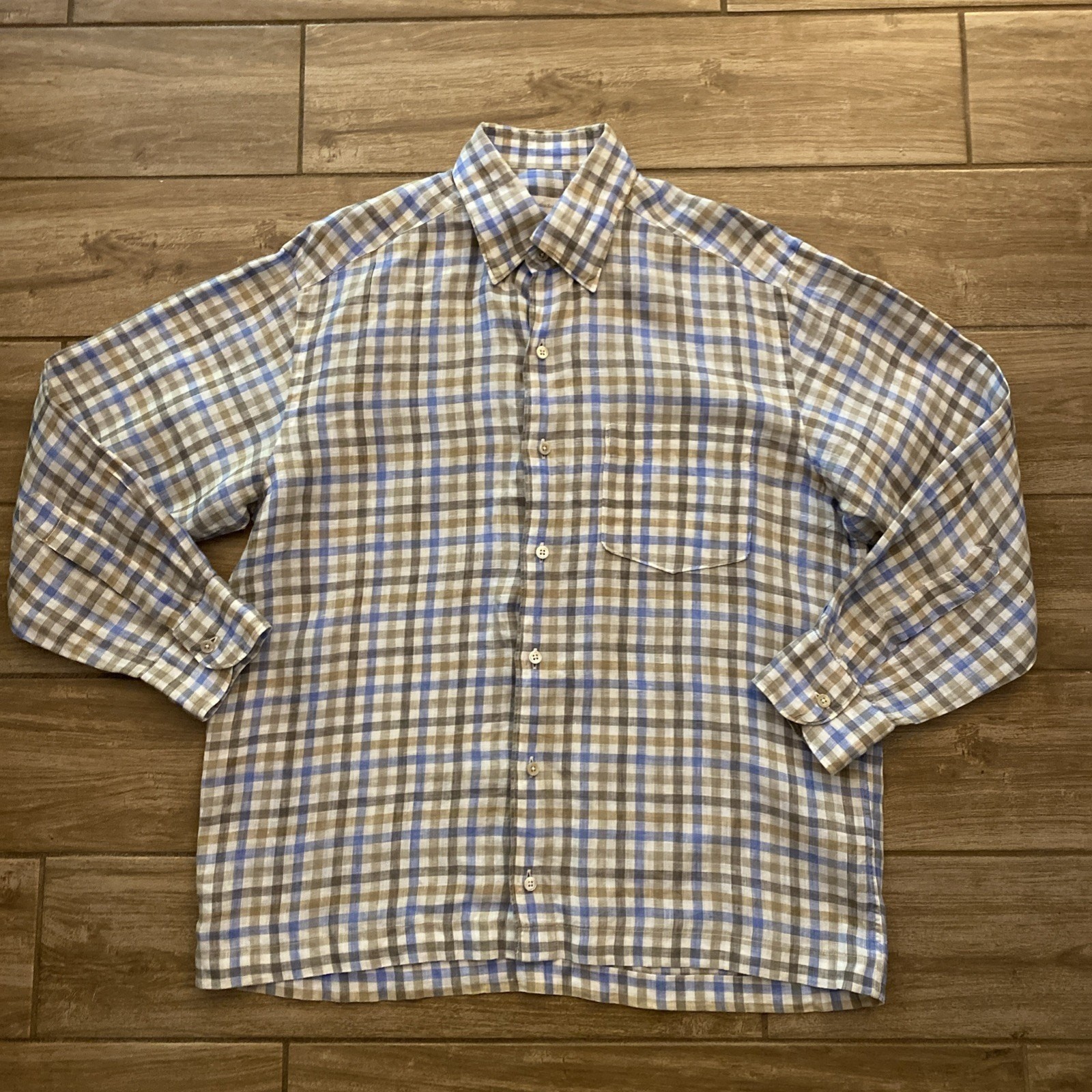 Ermenegildo Zegna Shirt Mens 100% Linen Long Sleeve Designer Italy plaid