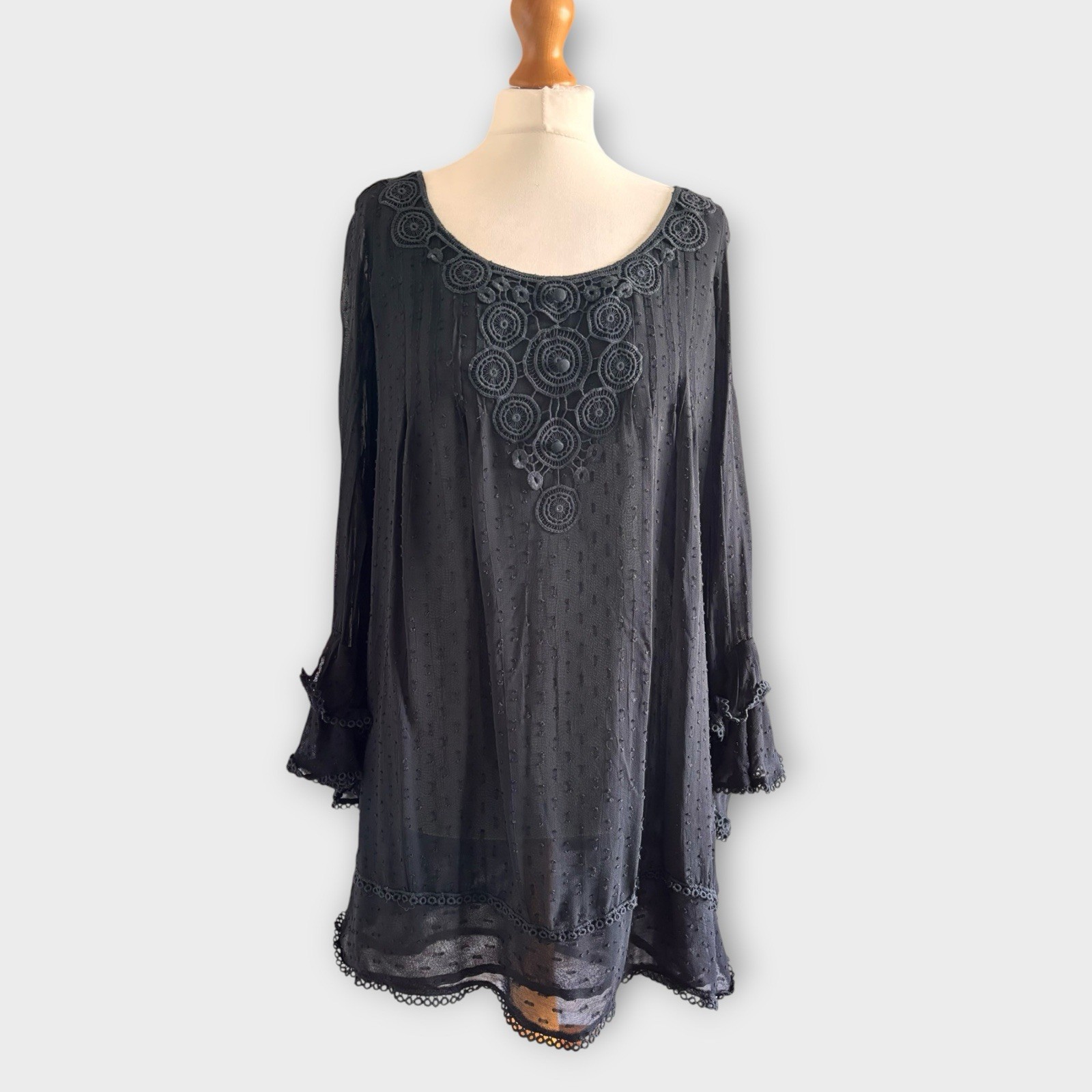 Next Black Tunic Blouse Top 12 Embroidered Lace Long Sleeve Boho Summer Casual