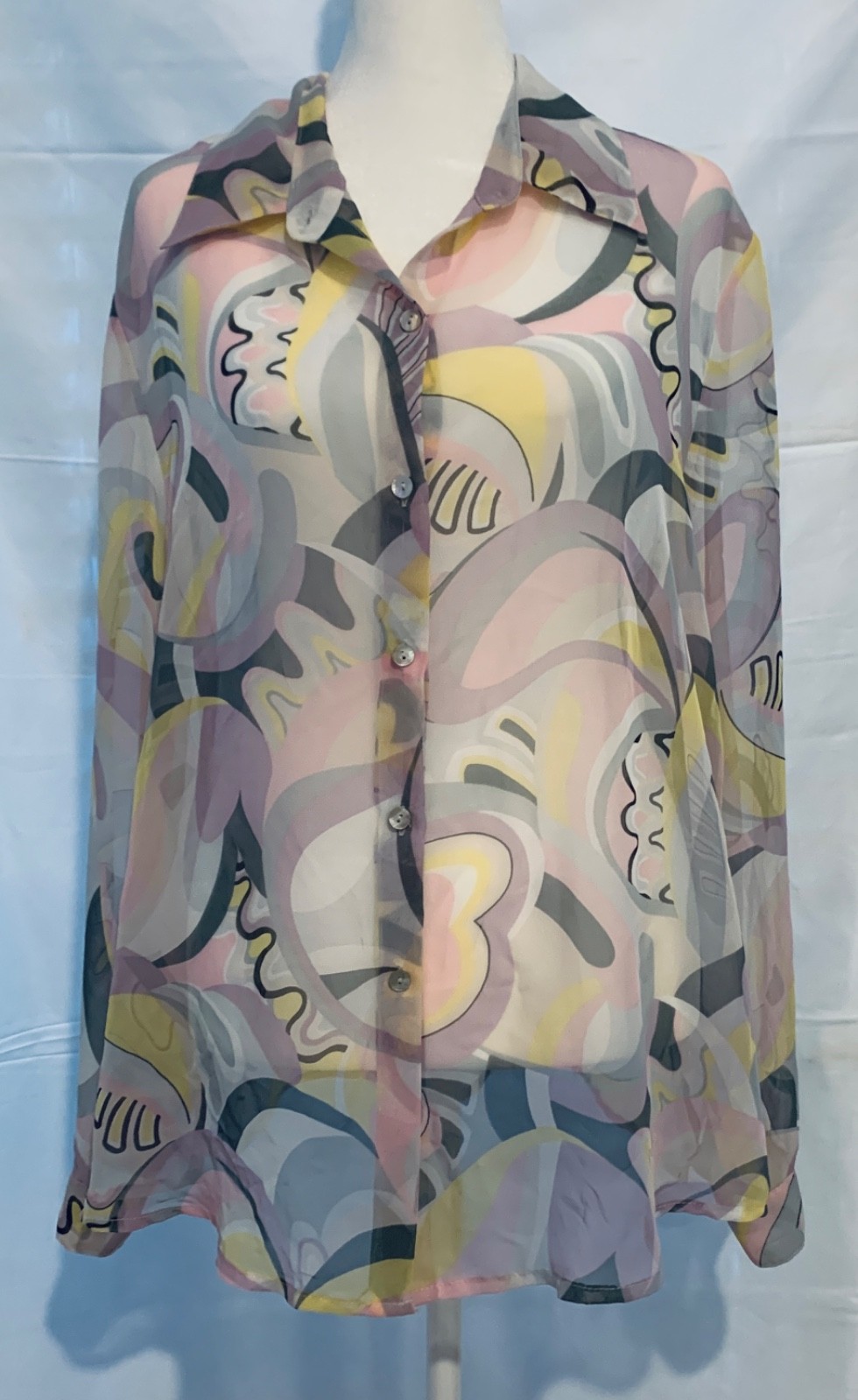 NICOLA Sheer Chiffon Blouse Long Sleeve Button XL Pink Lavender Yellow Grays