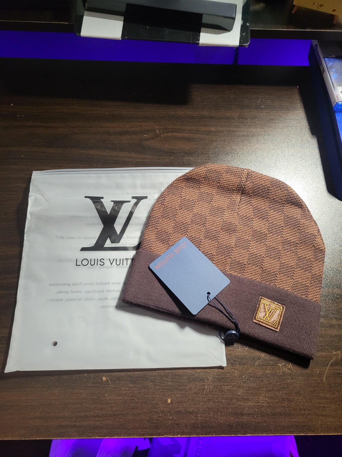 Louis Vuitton Men’s Brown Herringbone Knit Beanie Hat One Size Designer
