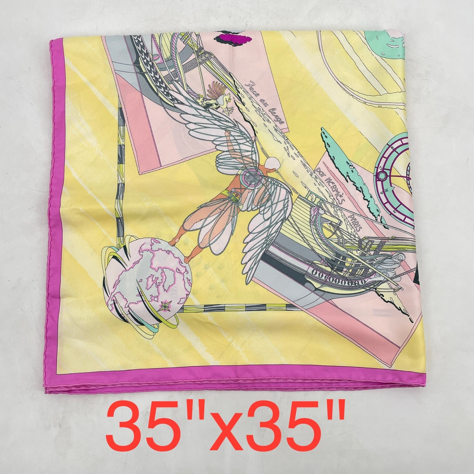 Hermes Carre 90 Scarf 100% silk Pastel Pink “Face au large” 35×35 Made in France